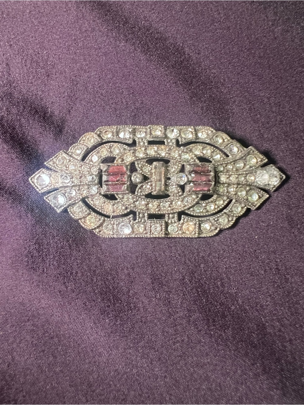 Silver-Tone Brooch Pin with Clear Rhinestones & Pink Accent Stones 2.5x1.5inches